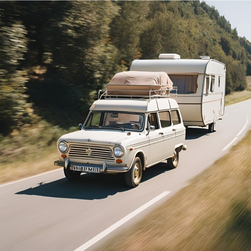 caravankopen. Een klassieke auto met een caravan op een landelijke weg, symbool voor vrijheid en avontuur tijdens het reizen met een caravan.